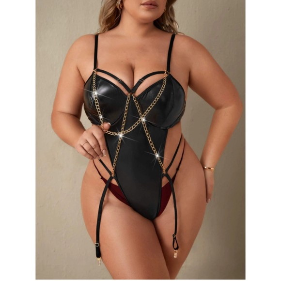14 (1X) Black PU Leather Chain Linked Teddy Bodysuit - Picture 1 of 5